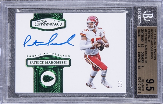 2017 Panini Flawless "Rookie Autographs" Emerald #RA-PM Patrick Mahomes II Signed Rookie Card (#5/5) – BGS GEM MINT 9.5/BGS 10 "1 of 2"